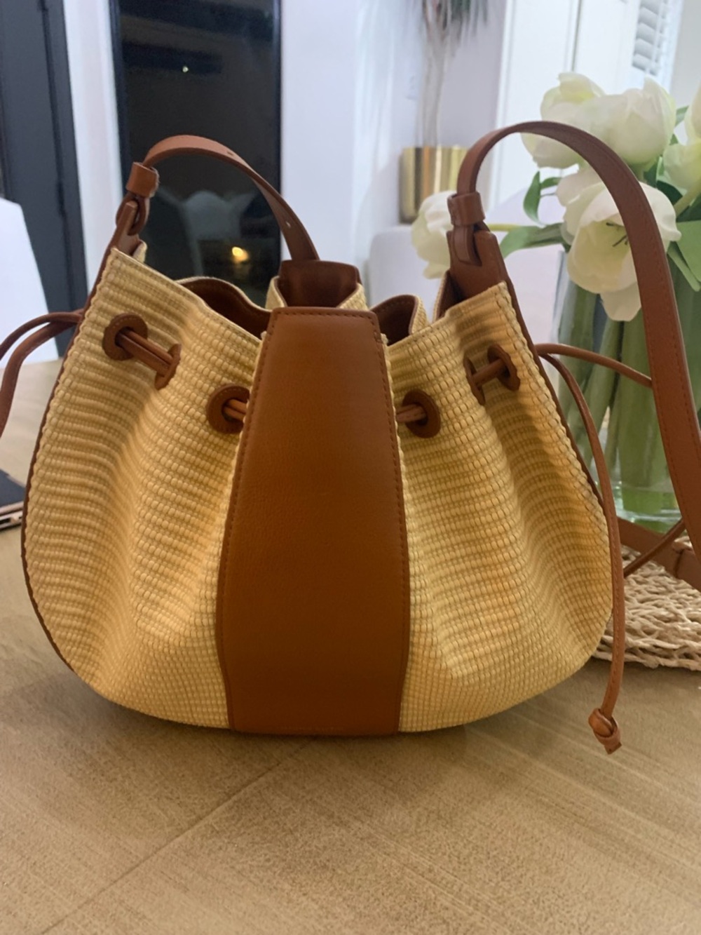Mansur Gavriel Lilium Leather Raffia Shoulder Bag